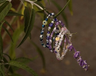 Natural Healing Stone Evil Eye Bracelet / Amethyst / Rose Quartz / Tiger Eye / Glass Stone Bracelet / Evil Eye Bracelet / Anxiety Relief