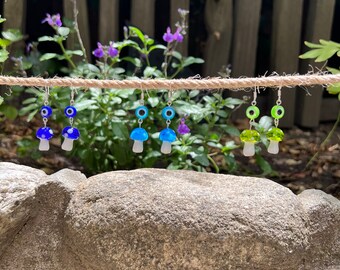Stainless Steel Silver Earrings with Glass Mushroom and Neon Evil Eye Bead / Trending Earrings / Mushroom Earrings / Evil Eye Earrings