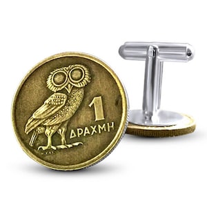 Brass Coin Cuff Links/Greek/Coin Cufflinks from Greece/Owl/Gift for Dad/Father’s  Day  Gifts under 30/Vintage/Antique/Coins/Cuffs/Men’s