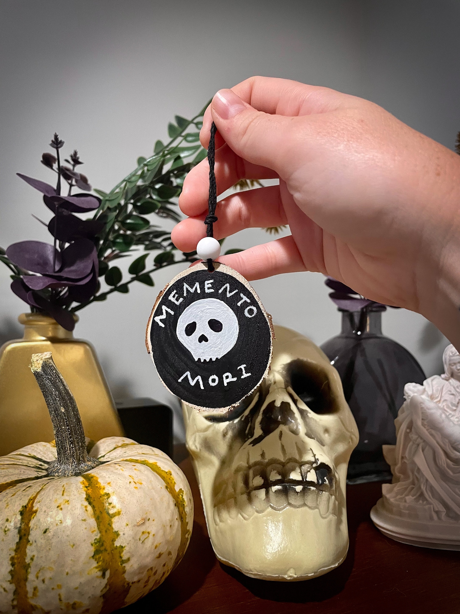 Memento Mori - Wood Slice Ornament - Catholic Halloween Decor - Skull ...