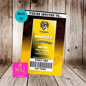 Richmond Tigers - AFL themed Birthday Invitation - DIGITAL PRINT