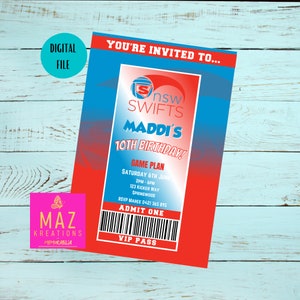 NSW Swifts V.I.P Pass - Inviti di compleanno a tema netball - STAMPA DIGITALE