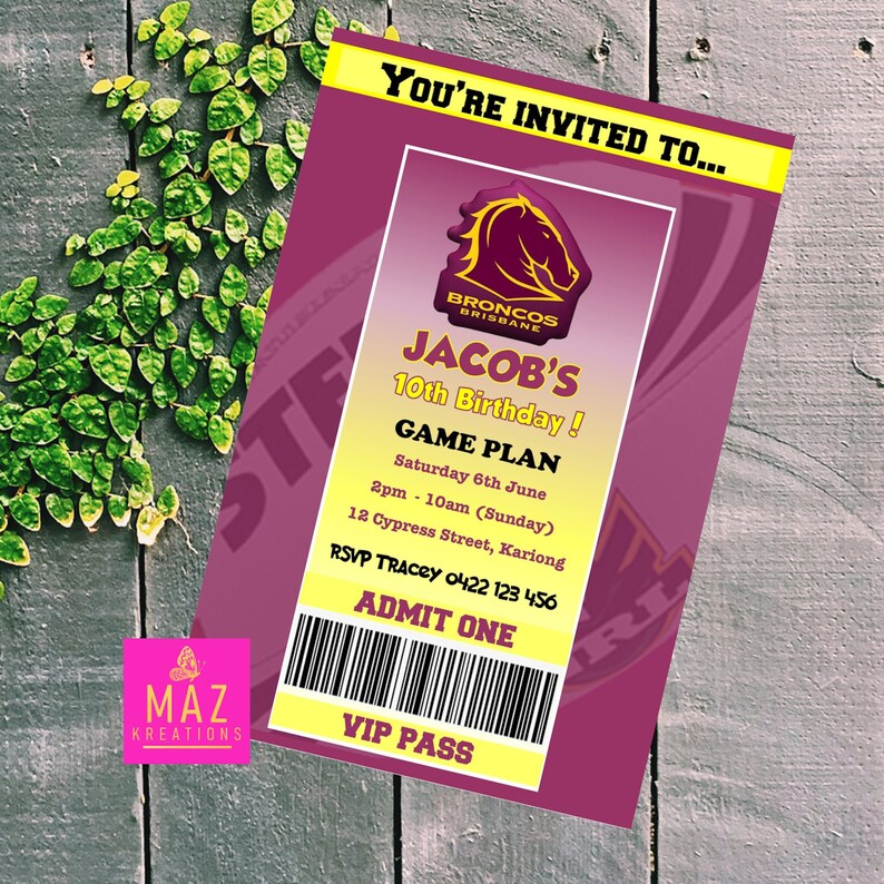 Brisbane Broncos NRL themed Birthday Invitations DIGITAL Etsy
