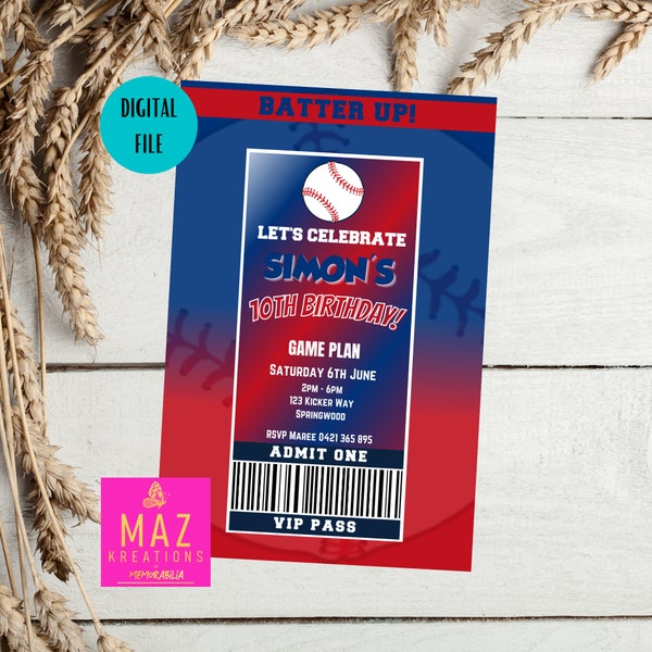 Rangers - Baseball themed Birthday Invitations - DIGITAL PRINT