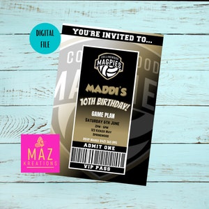 Collingwood Magpies VIP Pass - Faire-part d&#39;anniversaire sur le thème du netball - impression numérique