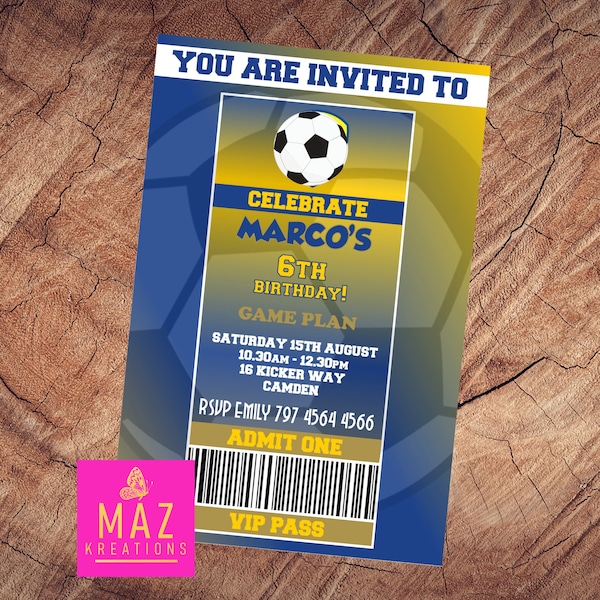 Soccer themed Birthday Invitations - DIGITAL PRINT - In your EPL team colours - white/blue/pattern