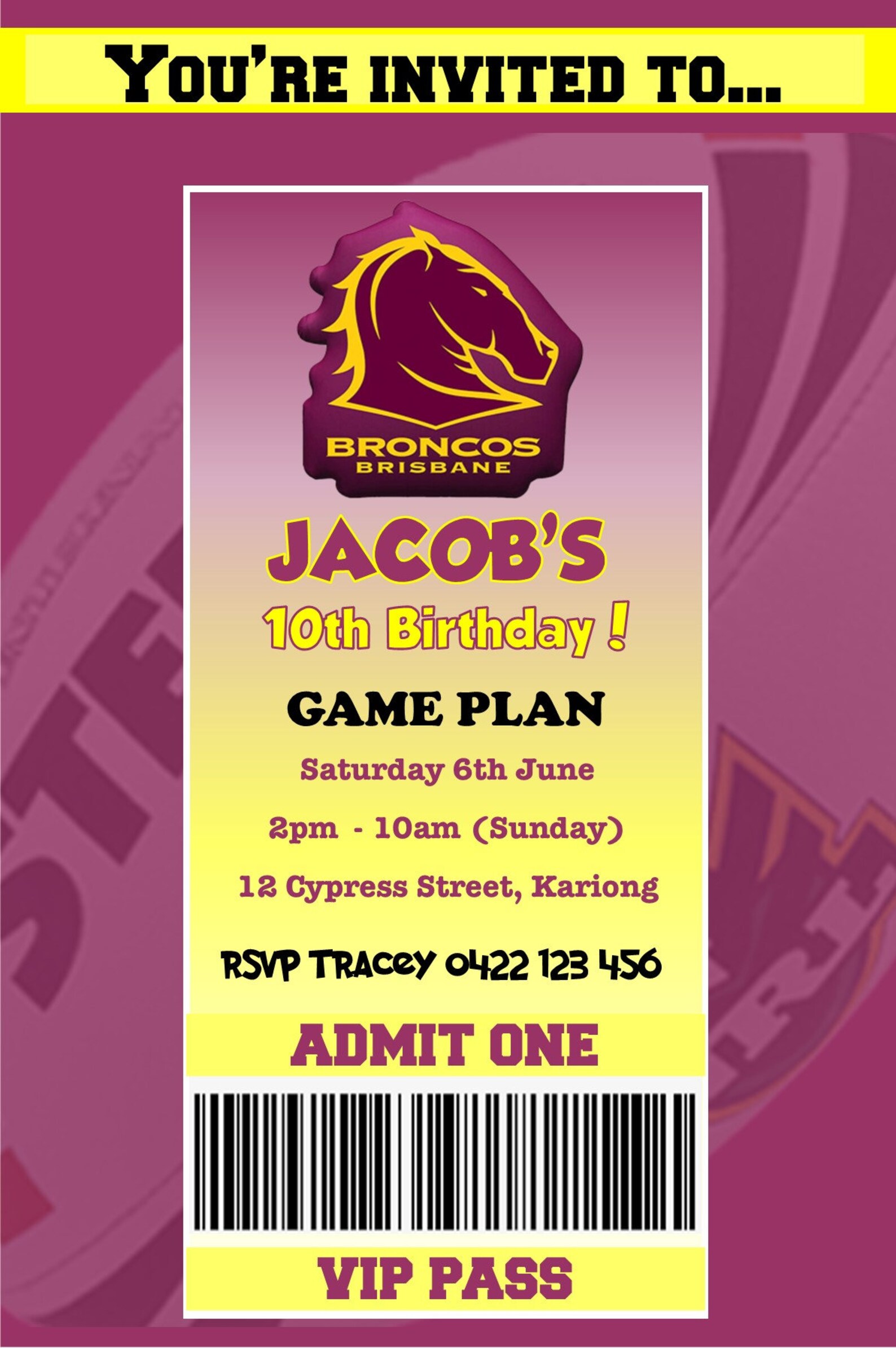 Brisbane Broncos NRL themed Birthday Invitations DIGITAL Etsy