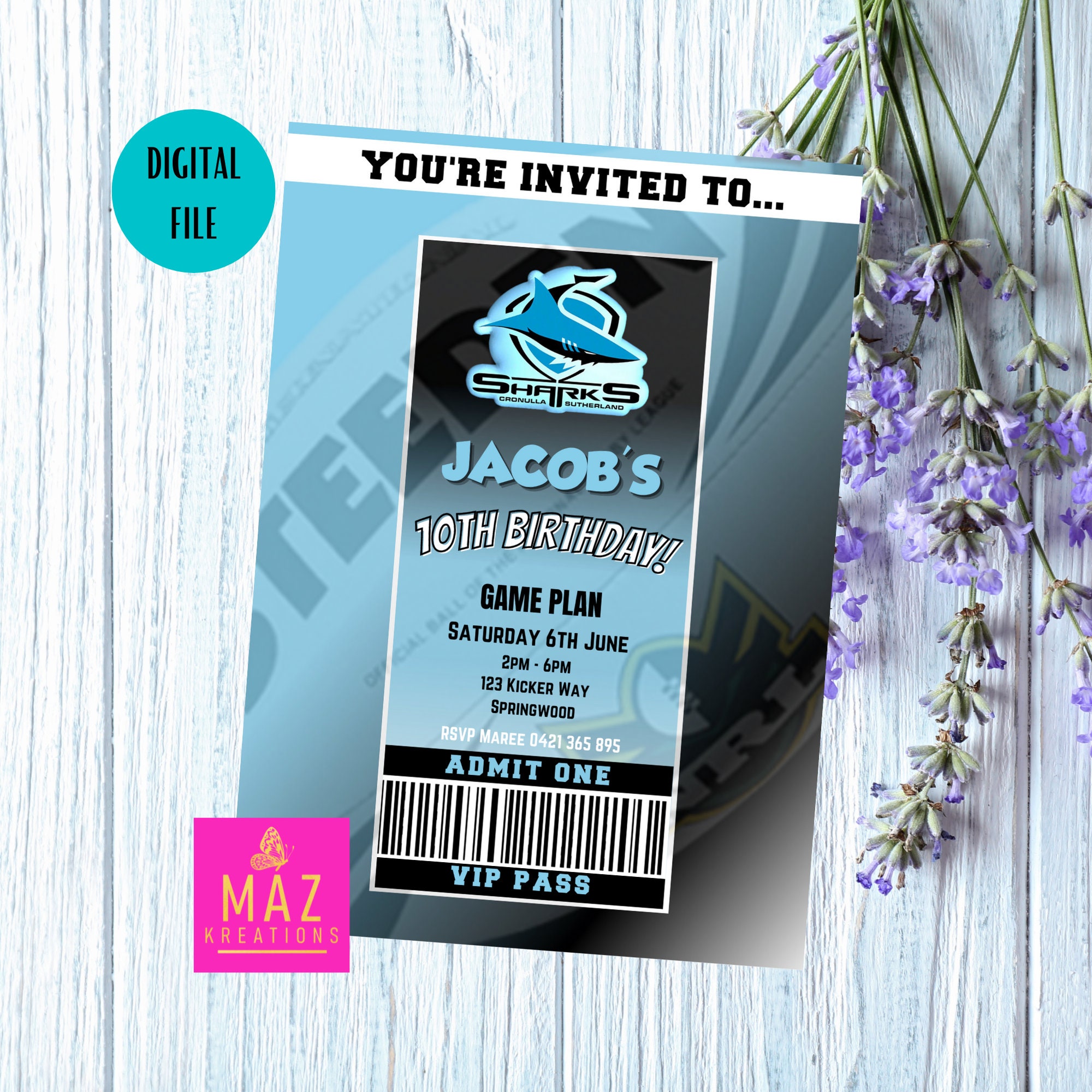 Buy Cronulla Sharks NRL Themed Birthday Invitation DIGITAL Online in India 