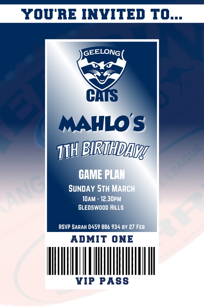 Geelong Cats AFL Themed Birthday Invitation DIGITAL PRINT Etsy
