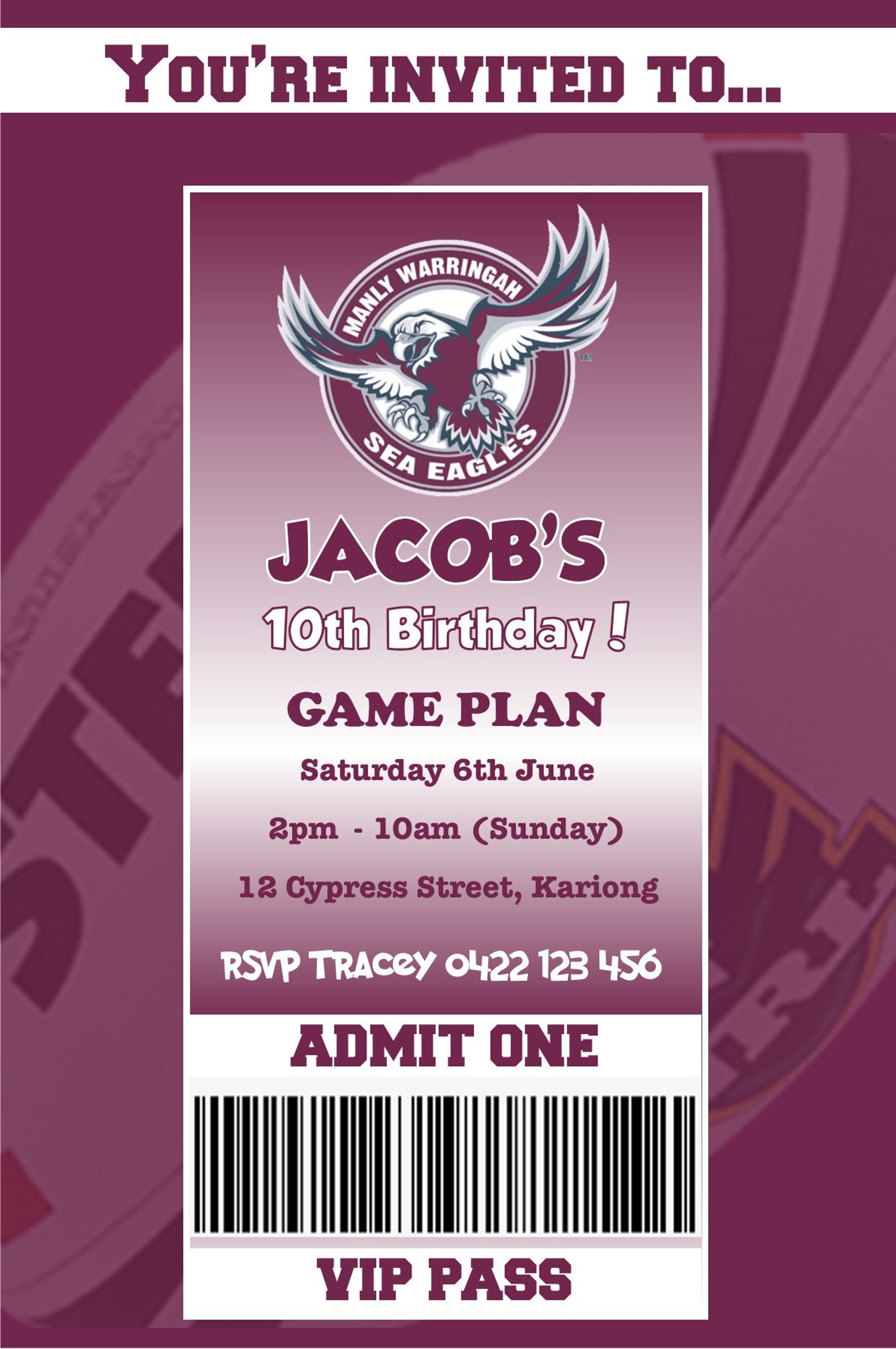 Manly Sea Eagles NRL themed Birthday Invitation DIGITAL | Etsy