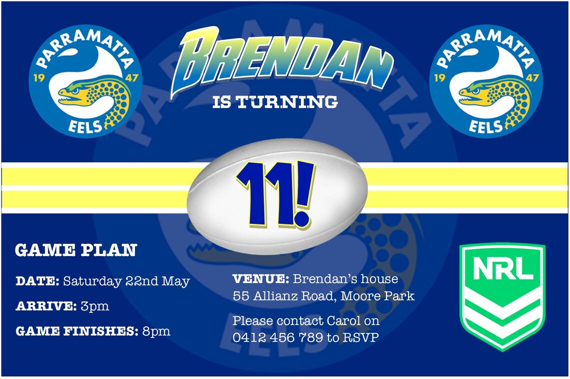 Parramatta Eels NRL Themed Birthday Invitation DIGITAL Etsy Australia