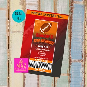 May include: A digital invitation with a football theme. The invitation is red and orange, with the text "Simon's 10th Birthday!" and "Game Plan." Includes a VIP pass design with a barcode and the text "Admit One."