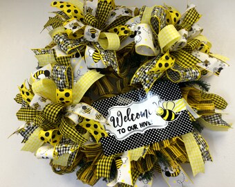 Bee wreath, welcome to our hive, large spring wreath, large bee wreath, yellow wreath, porch decor, front door wreath, front door decor