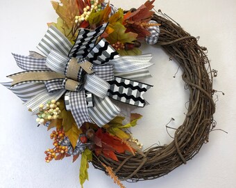 Fall wreath, grey gingham, monochromatic bow, porch decor, front door wreath, autumn wreath, autumn decor