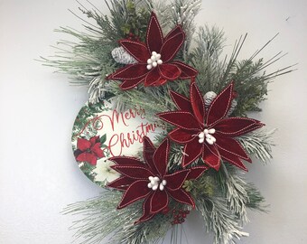 Rustic Christmas, farmhouse Christmas, red poinsettia, Christmas wreath, pine wreath, porch decor, front door wreath