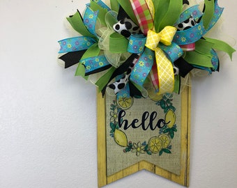 Lemon wreath rail, hello door hanger, lemon door decor, hello decor, lemon decor, porch decor, front door decor