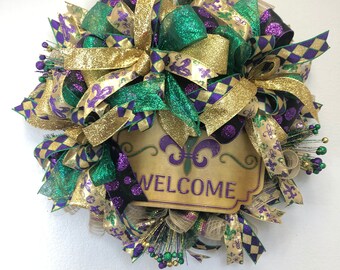 Mardi Gras, fleur de lis, New Orleans holiday, Mardi Gras wreath, front door decor, porch decor