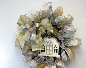 Silver and gold Christmas, church wreath, everyday winter wreath, Christmas wreath, religious wreath, front door wreath, porch decor