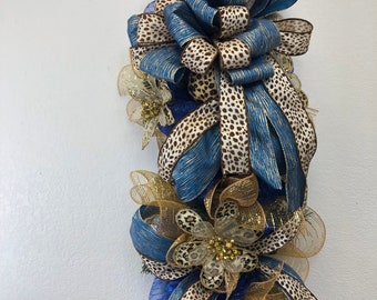 Cheetah swag, animal print and blue, Christmas swag, door swag, porch decor