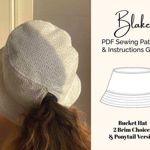 Blake Bucket Hat pdf Sewing Pattern | Ponytail option | 2 Brim Choices | Fits 22"-24.5" | Digital Download | 90s Bucket Hat