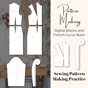 May include: A digital sewing pattern making practice guide with four pattern blocks and a French curve ruler. The guide includes instructions for creating a bodice, skirt, sleeve, and a French curve ruler.