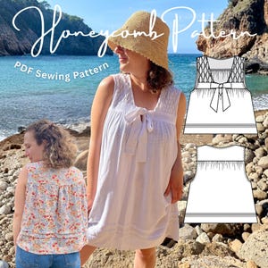 May include: A white sleeveless top with a tie-front neckline and smocked shoulder detailing, shown alongside a floral print version and technical line drawings. The text reads Honeycomb Pattern PDF Sewing Pattern.
