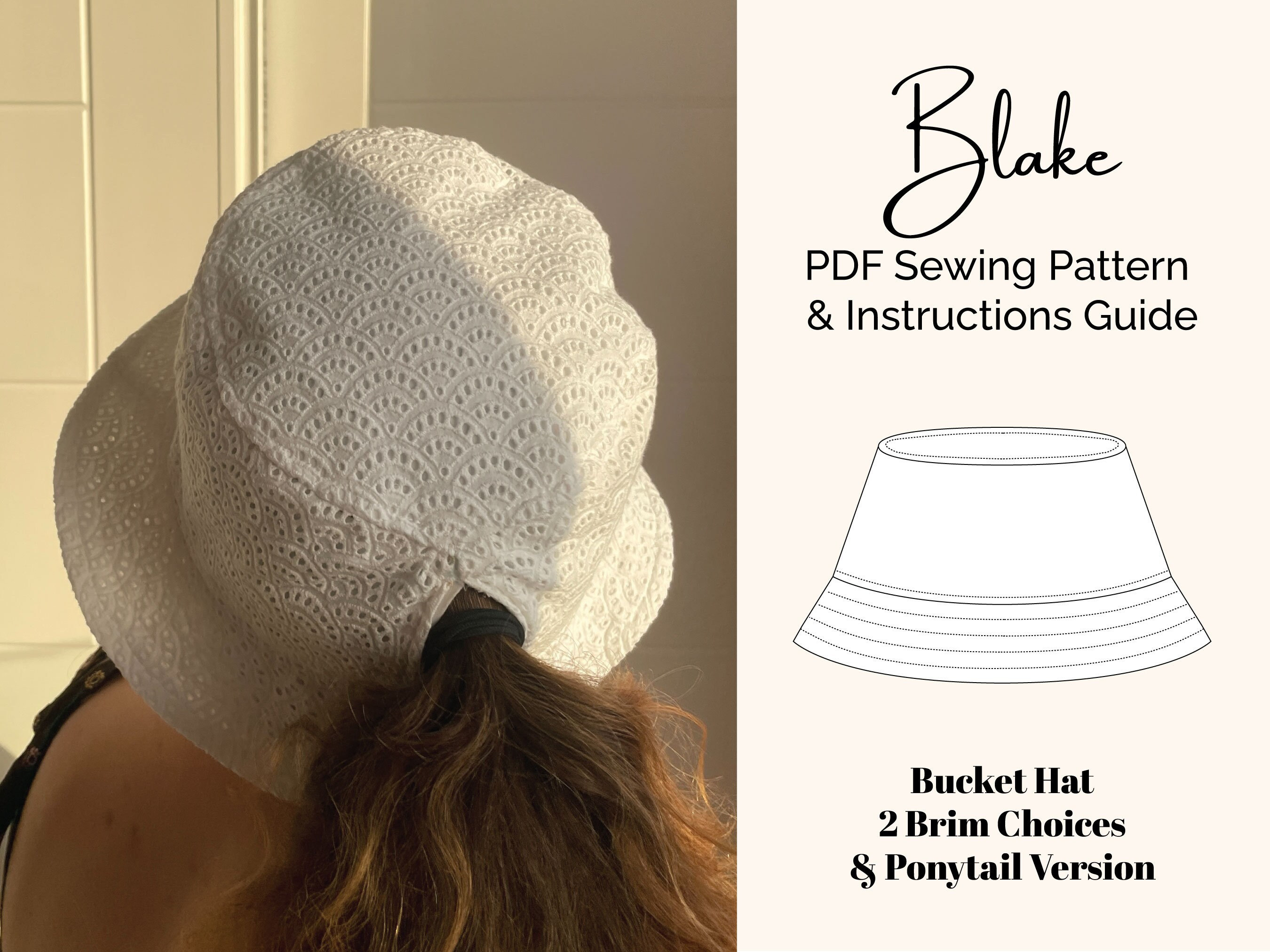 Blake Bucket Hat Pdf Sewing Pattern Ponytail Option 2 Brim Choices Fits  2224.5 Digital Download 90s Bucket Hat 