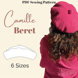 Op de afbeelding: Een roze baret naaipatroon genaamd "Camille Beret" met een lijntekening van de baret en de tekst "6 Maten".