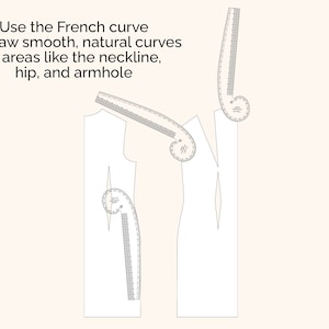 May include: A diagram showing how to use a French curve to draw smooth, natural curves in areas like the neckline, hip, and armhole.