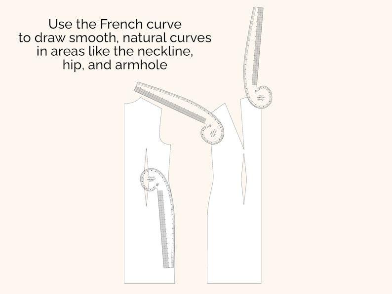 May include: A diagram showing how to use a French curve to draw smooth, natural curves in areas like the neckline, hip, and armhole.