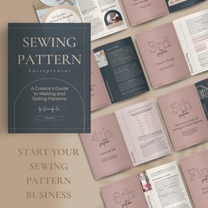 May include: A book titled "SEWING PATTERN Entrepreneur" with a dark gray cover and gold lettering, alongside open books with pink covers. The book is a guide to making and selling patterns. Text at the bottom reads "START YOUR SEWING PATTERN BUSINESS."