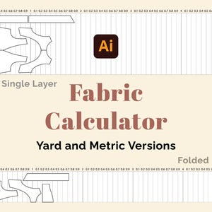 Puede incluir: Imagen de una Calculadora de Telas con el texto "Fabric Calculator Yard and Metric Versions". La imagen muestra piezas de patrones de costura y un logotipo. La imagen está sobre un fondo beige con una cuadrícula.