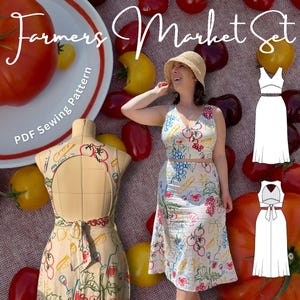 Könnte beinhalten: Eine Frau trägt einen Strohhut und ein weißes Crop-Top- und Rock-Set mit einem farbenfrohen Obst- und Gemüsemuster. Das Bild enthält eine Schneiderpuppe mit passendem Stoff, Tomaten und den Text "Farmers Market Set PDF Sewing Pattern."