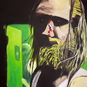 Puede incluir: Una pintura de un hombre con el pelo largo y rubio y barba. Tiene la nariz ensangrentada y mira directamente al espectador. El fondo es de color verde oscuro.