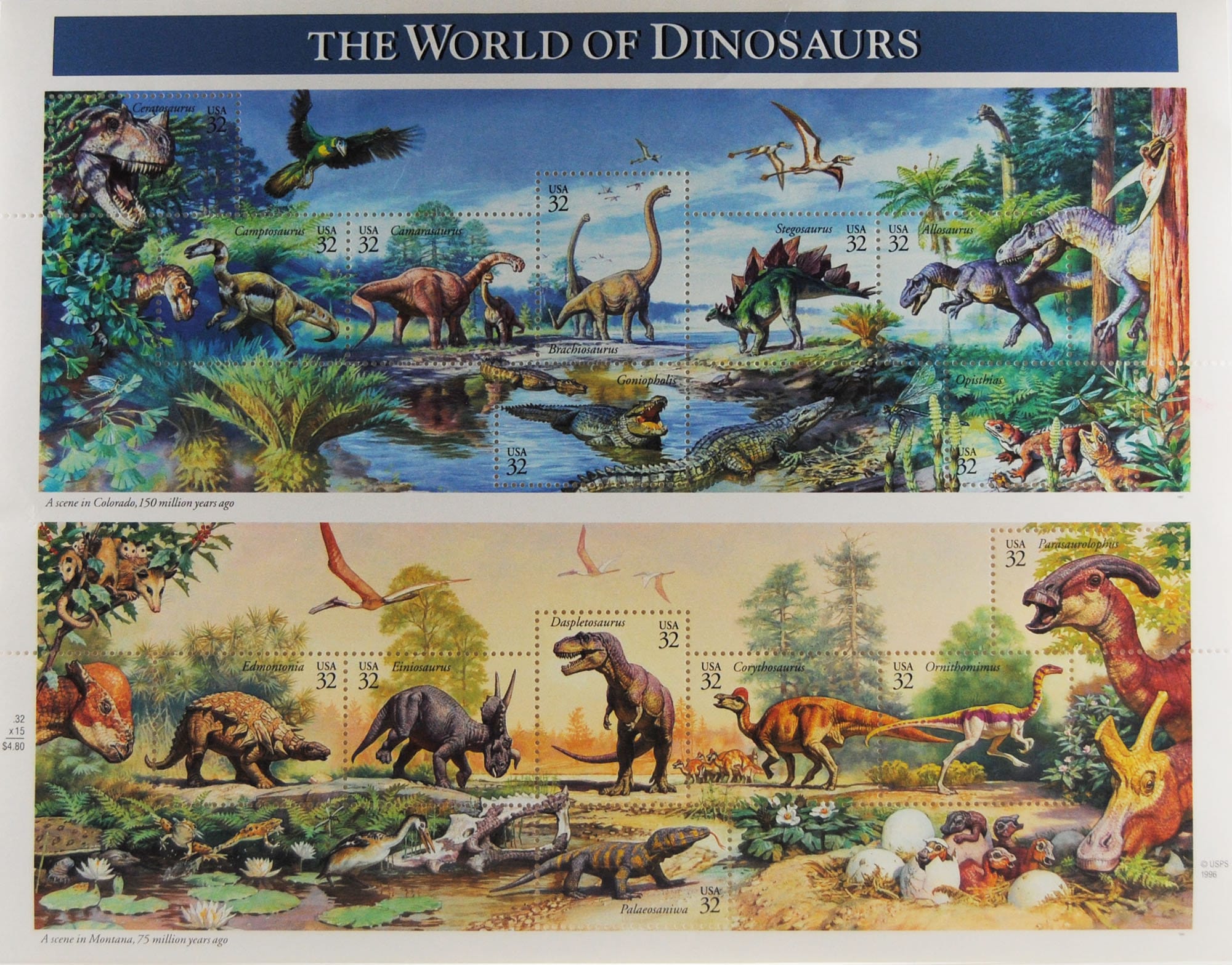 The World of Dinosaurs Stamps, 32 Cent, 1996 Sheet of 15 Stamps Etsy