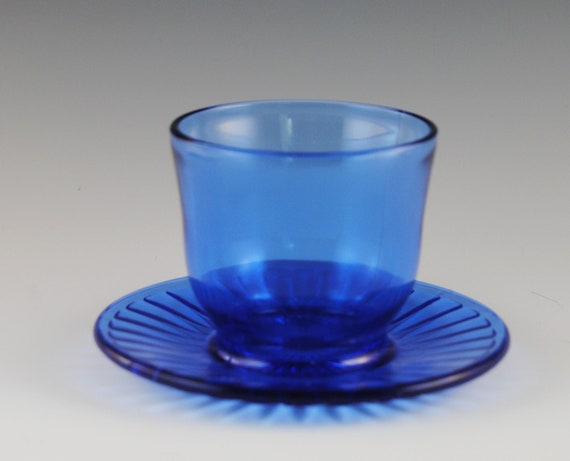 Vintage MacBeth Evans Cobalt Blue Glass Petalware Mustard Cup; Condiment Dish with Attached Underplate