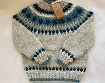 Gr.98/104 Norwegerpullover in Graubeigemelange und Petroltönen aus reiner Schurwolle handgestrickt