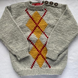 Sweater size 92/98 in beige melange with knitted check pattern made of pure wool with alpaca hand-knitted