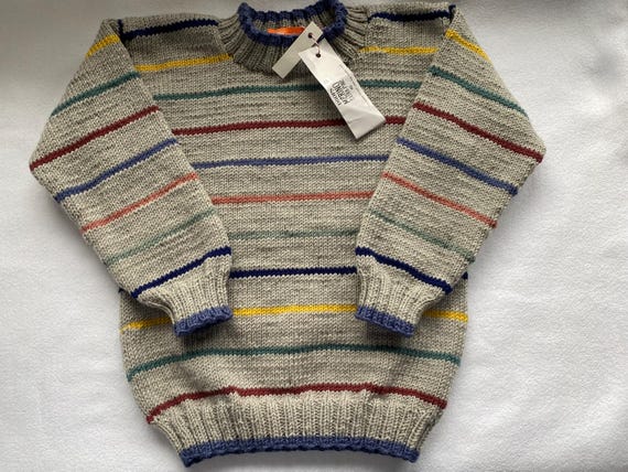 Pullover Gr.104/110 in beigemelange mit bunten Streifen aus reiner Merinowolle handgestrickt