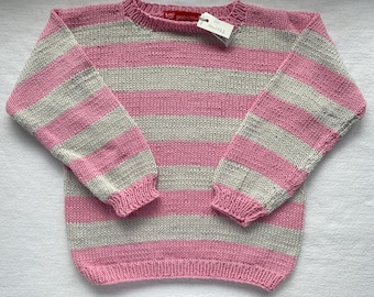 Mädchenpullover Gr. 116/122 in rosa beige gestreift aus reiner Baumwolle handgestrickt
