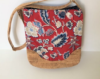 Cork and Fabric Shoulder Bag, Cork and Fabric Adjustable Strap Purse, Cork and Fabric Handbag, Floral Pattern Bag, Cork Crossbody, Cork Bag