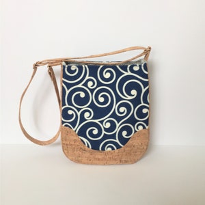 Cork and Fabric Shoulder Bag, Cork and Fabric Adjustable Strap Purse, Cork and Fabric Handbag, Scroll Pattern Bag, Cork Crossbody, Cork Bag