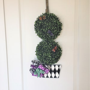 Topiary Door Hanger, Topiary Door Decor, Topiary Wall Decor, Hand Painted Topiary, Topiary With Butterflies, Harlequin Topiary Decor