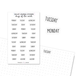 autocollants des jours de la semaine, autocollants de la semaine bullet journal, autocollants des jours, autocollants de l'agenda, aperçu hebdomadaire, mois, semaine, week-end, autocollants du jour
