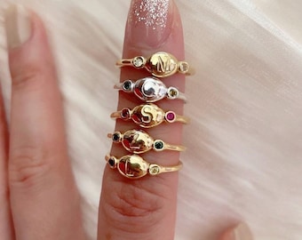 Bubble birthstone initial ring, bubble ring, initial ring, birthstone ring, gemstone ring, gold ring, dainty ring