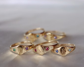 Birthstones signet initial ring, signet ring, initial ring, birthstone ring, gemstone ring, gold ring, dainty ring