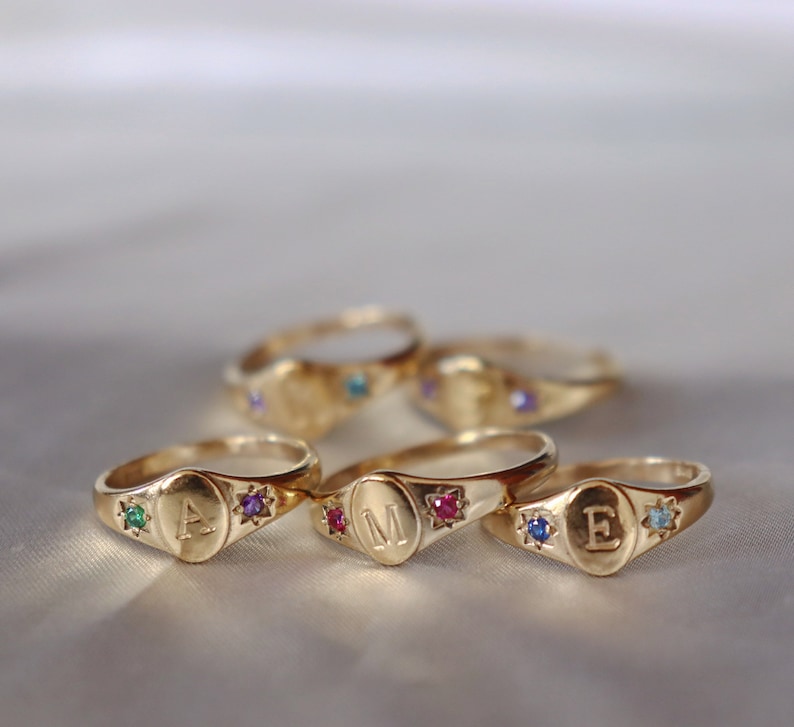 Birthstones signet initial ring, signet ring, initial ring, birthstone ring, gemstone ring, gold ring, dainty ring image 1