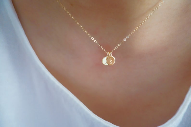 Small gold filled initial necklace, gold filled necklace, disc necklace, minimalist necklace, personalised necklace, dainty necklace image 1