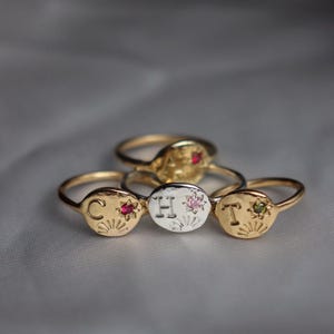 Puede incluir: Un conjunto de anillos dorados con caras ovaladas. Cada anillo presenta una gema y una inicial diferentes. Las gemas son rosas, rojas y verdes. Las iniciales son "C", "H" y "T".