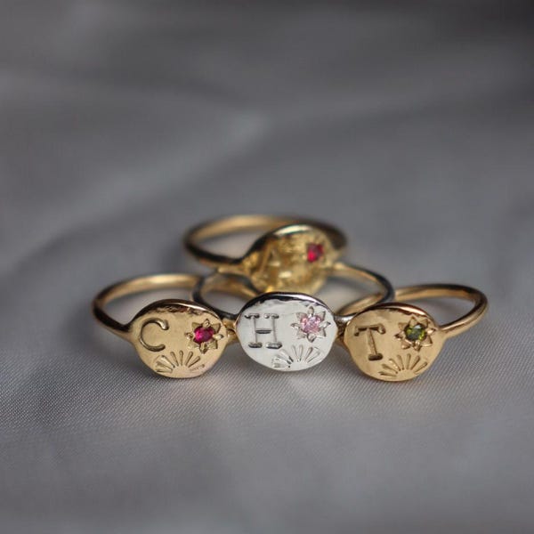 Star and Sun Initial Ring: Birthstone Signet with initial